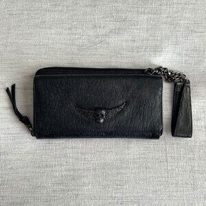 Zadig & Voltaire Black Fanny Bubble Deluxe Distressed Skull Wings Wristlet Purse